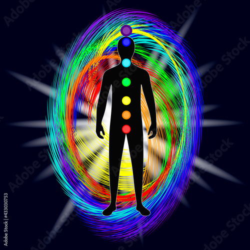 The aura of the body. The rainbow color marks the layers of the male body. Etheric, emotional, astral. The chakral system. Black background. Vector