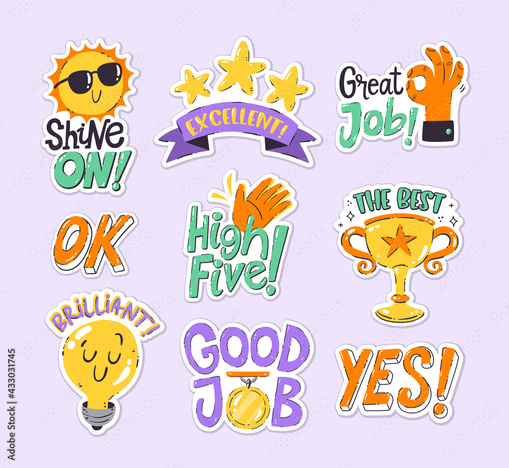 Sticker collection to reward the job well done and good results. Perfect for teachers and kids. Hand-drawn vector drawings.