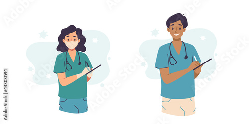 Medical consultation and support set, telemedicine. Doctor with clip board and stethoscope. Healthcare services, Ask a doctor. Nurse, Surgeon, therapist uniform. Medical hospital staff. © Юлия Лазебная
