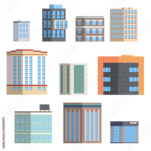 A set of buildings of different shapes and heights. Isolated over white background. Houses for the streets. Simple style