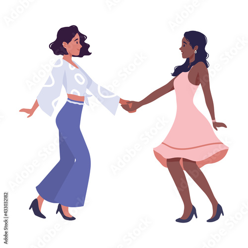 Lesbian homosexual couple dancing lindy hop or swing at class or party. Women holding hands. Lgbt family on romantic date. Homosexuality. LGBTQ  people love  diversity  relationship  pride parade