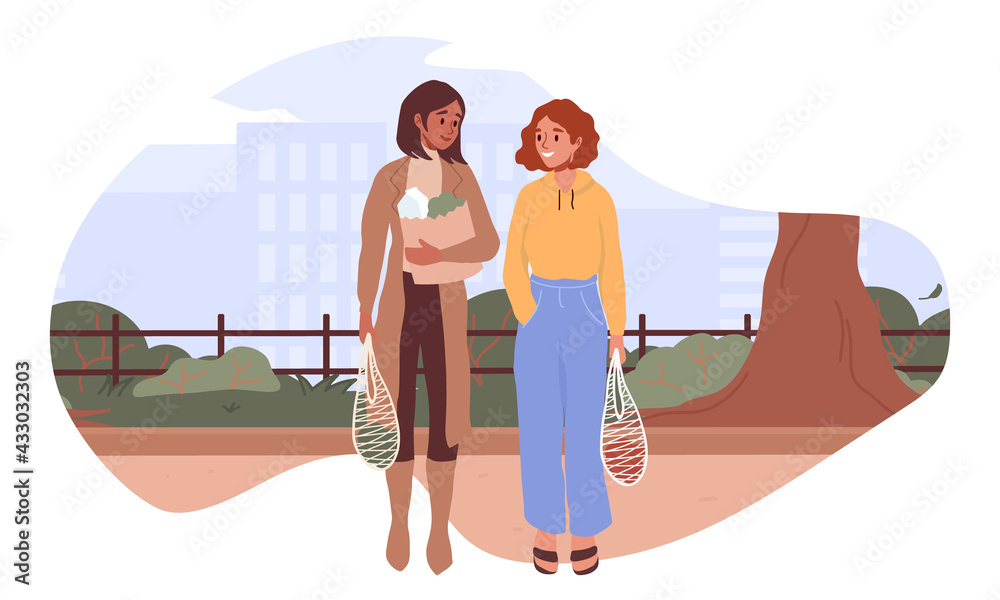 Fototapeta premium Lesbian homosexual couple carry groceries, eco bags with purchases. Lgbt family lifestyle moment. Flat vector cartoon illustration. Romantic partners, marriage, life partner.