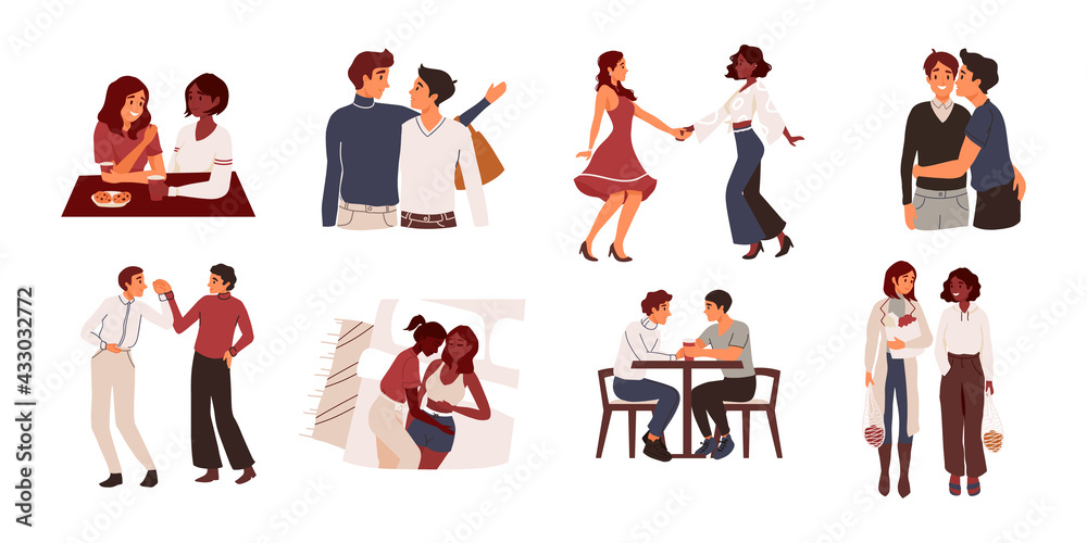 Lesbian and gay couple lifestyle. Family hug, lie on bed, dance. Homosexuality. LGBTQ+ people, lesbians, human rights freedom. Multiethnic characters. Set of love relationship, romantic date, marriage