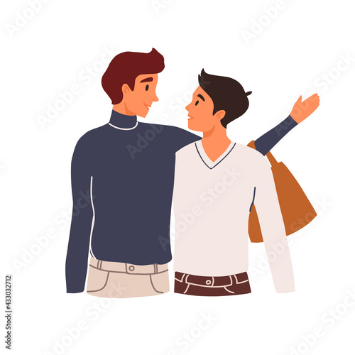 Gay male couple lifestyle. Two men hug, on a date. Homosexuality. LGBTQ+ people, human rights freedom. Multiethnic characters. love relationship, romantic date, marriage scene