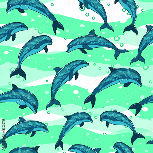 A flock of dolphins in the sea. Marine seamless pattern.