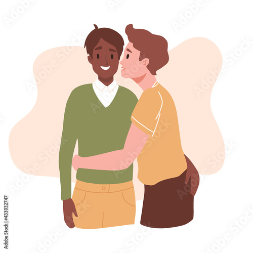 Gay male couple lifestyle. Two men hug, on a date. Homosexuality. LGBTQ+ people, human rights freedom. Multiethnic characters. love relationship, romantic date, marriage scene