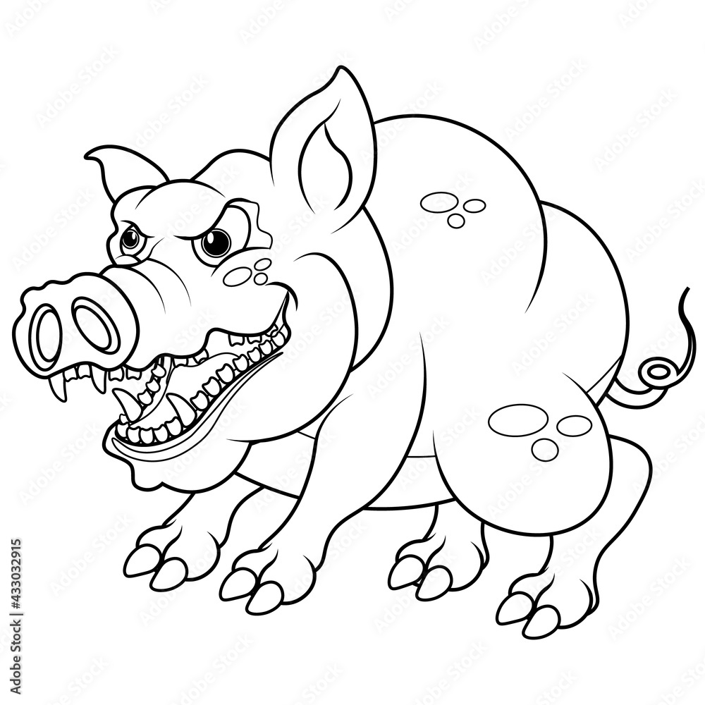Fototapeta premium Angry boar coloring book on white isolated background. Vector illustration of a pig.