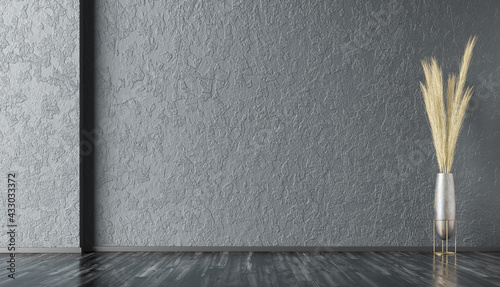 Fototapeta Naklejka Na Ścianę i Meble -  Interior background of empty room with dark gray stucco wall with copy space and pot with plant 3d rendering