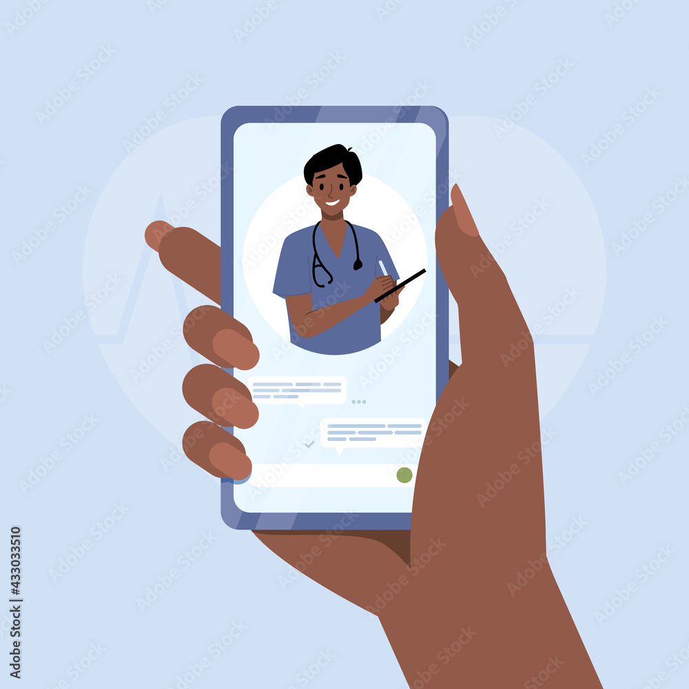 Smartphone screen with therapist. Chat in messenger and online consultation. Vector flat banner template. Ask doctor. Online medical advise or consultation service for telemedicine, cardiology Smartphone screen with therapist. Chat in messenger and online consultation. Vector flat banner template. Ask doctor. Online medical advise or consultation service for telemedicine, cardiology