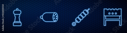 Set line Grilled shish kebab, Pepper, Salami sausage and BBQ brazier. Glowing neon icon on brick wall. Vector