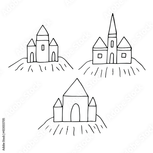 Sand castles set, vector illustration, doodle, hand drawn