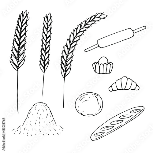 Wheat and flour food set, vector illustration, doodle, hand drawn