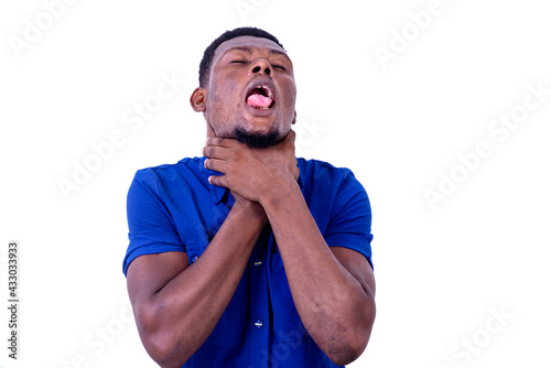 Tableau sur toile young businessman suffocating holding neck with his hands.
