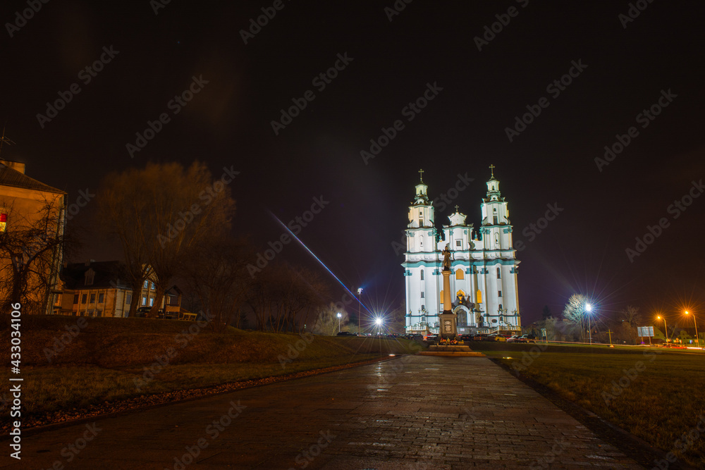 catholic church in the city of bialystok photographed at night