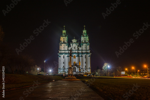 catholic church in the city of bialystok photographed at night