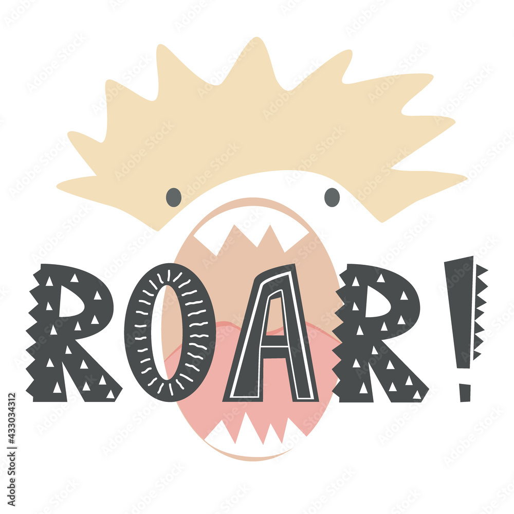 Hand drawn vector illustration of a funny lion face in a crown, with lettering quote Roar in Scandinavian Style. Concept for children print