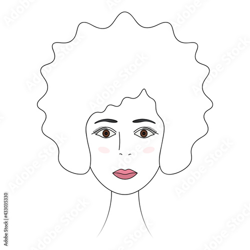 Womans face. Brown eyes. The girl's head full face. Vector illustration. Hairstyle short curls. Long eyelashes. Full lips and blush on the cheeks. Female portrait. Outline on an isolated background.