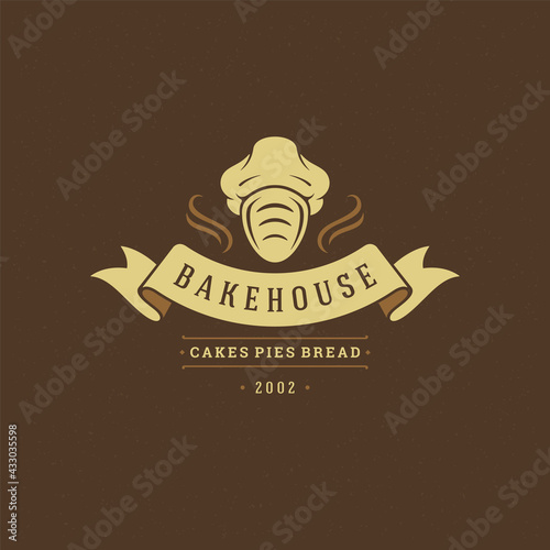 Bakery badge or label retro vector illustration. Bread or loaf i chef hat silhouette for bakehouse.