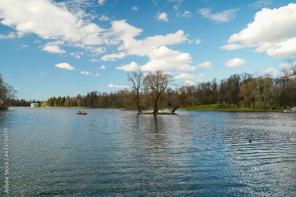 An island in the middle of a river (pond), on which there is a small house An island in the middle of a river (pond), on which there is a small house