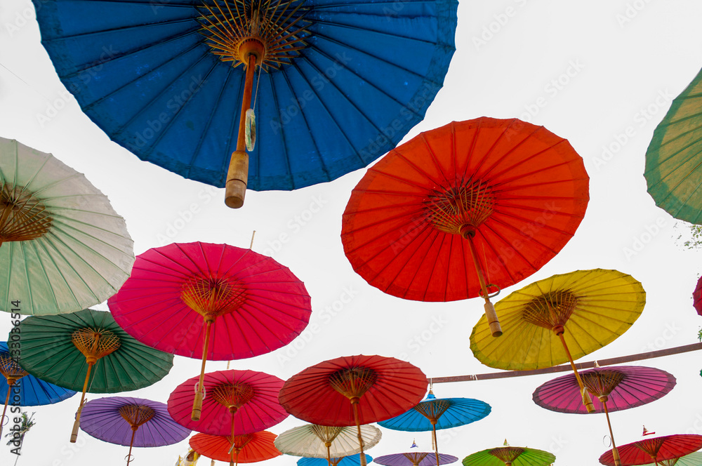 Colorful paper umbrellas at Asian festivals