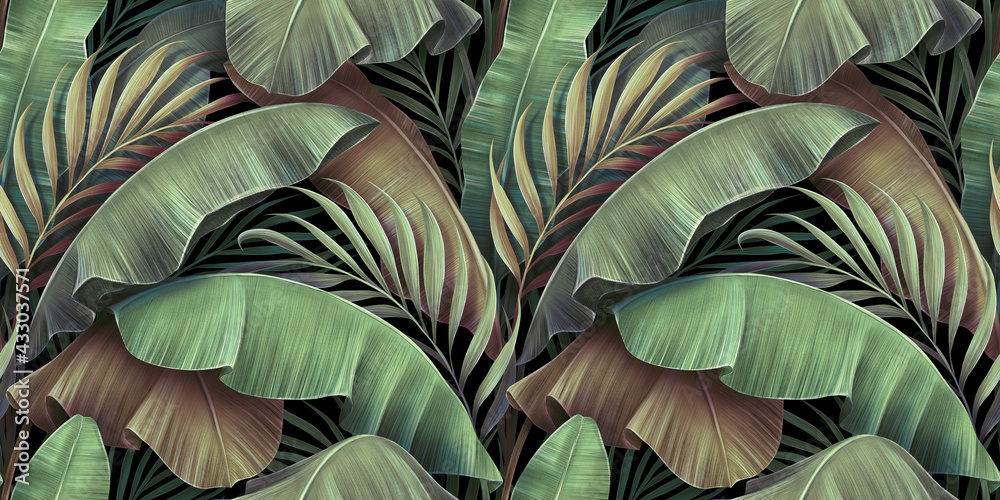 Fototapeta Tropical seamless pattern with beautiful palm, banana leaves. Hand-drawn vintage 3D illustration. Glamorous exotic abstract background design. Good for luxury wallpapers, cloth, fabric printing, goods