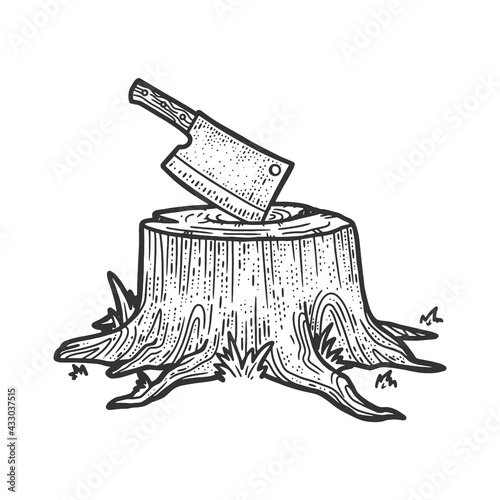 Kitchen cleaver hatchet knife stuck in tree stump sketch engraving vector illustration. T-shirt apparel print design. Scratch board imitation. Black and white hand drawn image.