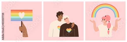 LGBT collection. Set of illustrations about gay relationship, homosexual people, pride parade. LGBTQ movement concept. Hand holding a flag. Rainbow, heart symbols. Isolated flat vector illustrations