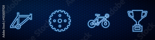 Set line Bicycle, frame, sprocket crank and Award cup with bicycle. Glowing neon icon on brick wall. Vector