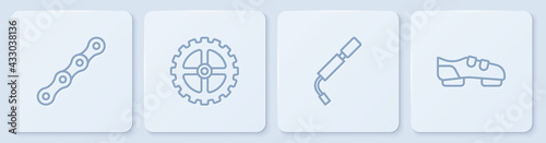 Set line Bicycle chain, air pump, sprocket crank and shoes. White square button. Vector