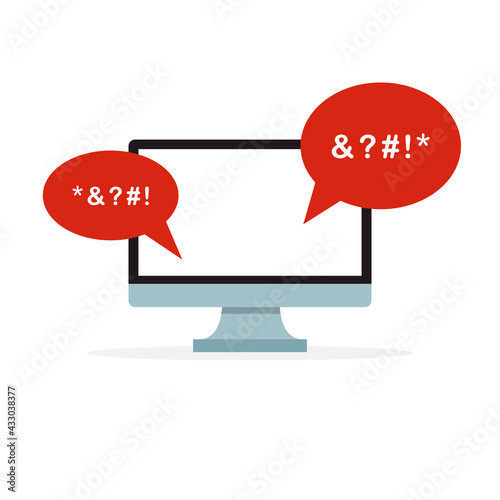 Cyber Bullying Icon. Cyberbullying Victim. Abuse, Internet Online Hate, Swear and Insult concept. Icon of Cyberbullying Online Chat on Computer. Vector illustration