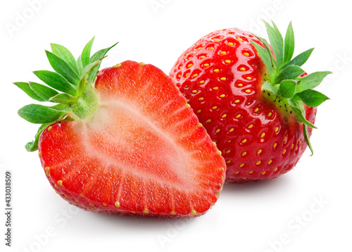 Strawberries isolated. Strawberry slice and whole berry isolate. Two strawberries on white. Side view. Full depth of field. photo