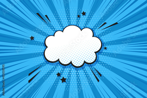 Pop art background. Halftone comic pattern with speech bubble, starburst. Cartoon retro texture with dots. Blue duotone effect. Vintage gradient banner. Vector illustration. Funny superhero print.