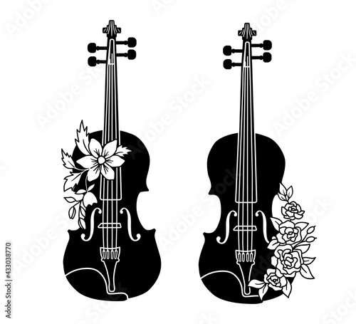 Violin with flowers roses in doodle style isolated on white background. Vector illustration.