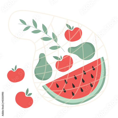  illustration of eco bag. Reusable textile shopping bag. Trendy shopper with fruits. Zero waste, plastic free, eco life. Local market concept. Flat cartoon illustration. Vector card, poster