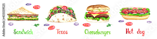 Sandwich  Tacos  Cheesburger  Hot dog collection isolated on white hand painted watercolor illustration with handwritten inscription