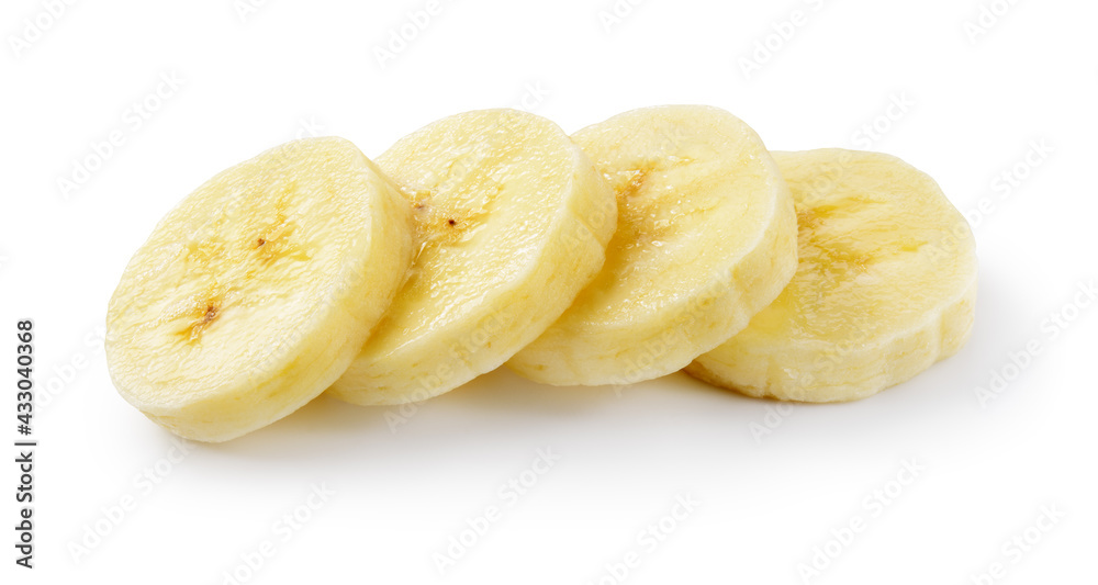 Banana slices isolated. Bananas on white background. Banana slice side view. Banana slices isolated. Bananas on white background. Banana slice side view.