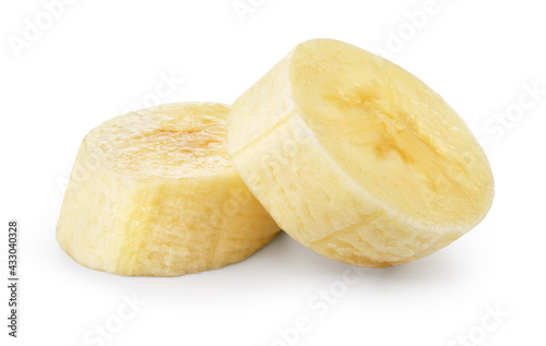 Banana slice isolated. Bananas on white background. Two banana slices with clipping path.