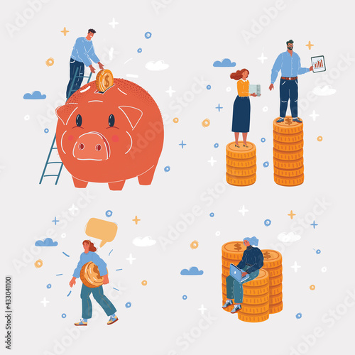 Vector illustration of man and woman have money. Stack of coin, piggy bank pig. Saving, earning, income concept.