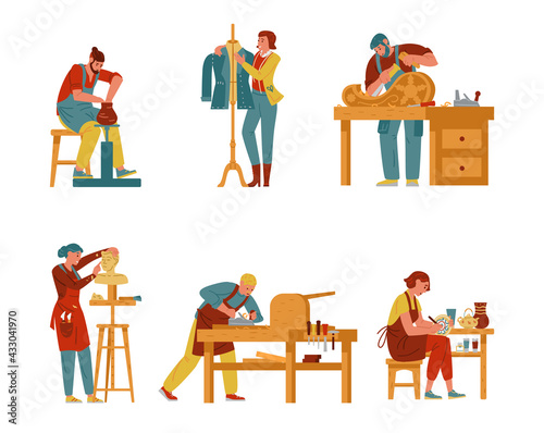 Artisan Vector Collection. Creative Professions And Hobbies Artists Set. Potter, Tailor, Carver, Sculptor, Carpenter, Painter. Handicraft Process.