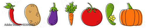 Vegetable sketch. Chilli pepper, potato, eggplant, carrot and tomato. Fresh cucumber with green leaves and pumpkin. Vector illustration. Hand drawn color icons. Healthy food. Vegetarian product