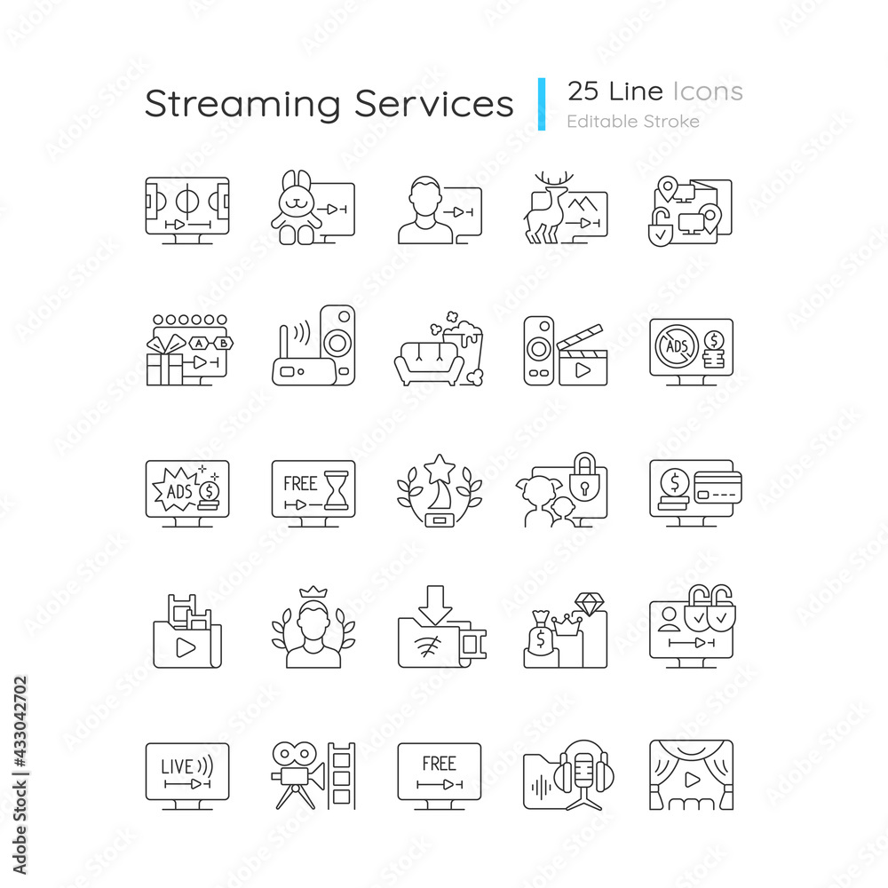 Streaming services linear icons set. Subscription plan for month. Watching video content at home. Customizable thin line contour symbols. Isolated vector outline illustrations. Editable stroke