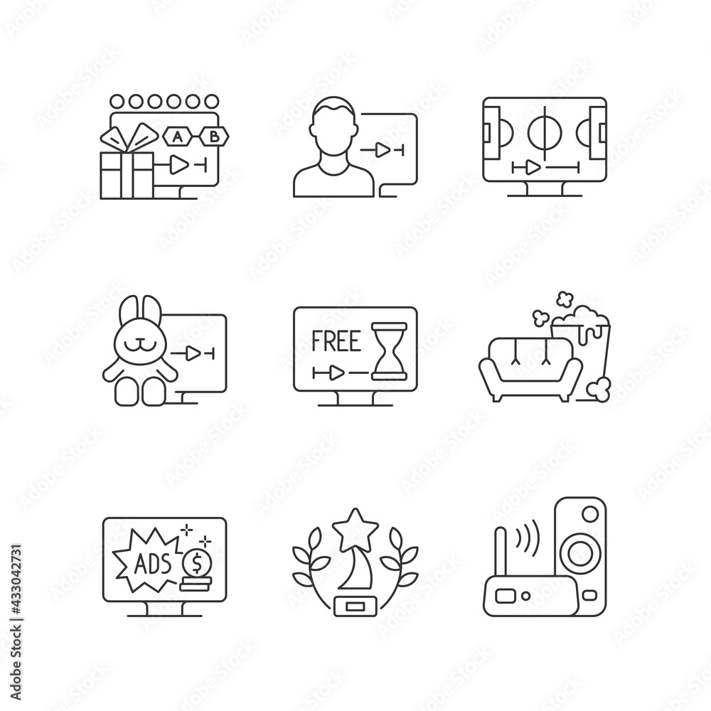 Broadcast services linear icons set. Viewing episodes. User account. Sports streaming. Cartoons. Customizable thin line contour symbols. Isolated vector outline illustrations. Editable stroke Broadcast services linear icons set. Viewing episodes. User account. Sports streaming. Cartoons. Customizable thin line contour symbols. Isolated vector outline illustrations. Editable stroke