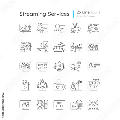 Streaming services linear icons set. Subscription plan for month. Watching video content at home. Customizable thin line contour symbols. Isolated vector outline illustrations. Editable stroke