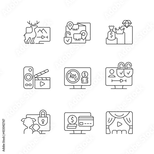Broadcasting services linear icons set. Documentaries streaming. Remote co-watching. Subscription plans. Customizable thin line contour symbols. Isolated vector outline illustrations. Editable stroke