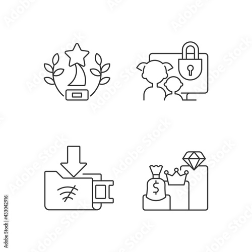 Broadcast services linear icons set. Award-winning content. Parental control. Offline downloads. Customizable thin line contour symbols. Isolated vector outline illustrations. Editable stroke