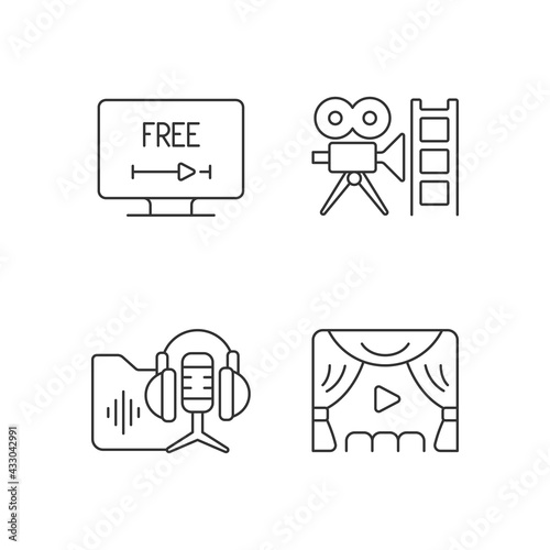 Streaming services linear icons set. Free trial option. Retro channel. Podcasts library. Premiere. Customizable thin line contour symbols. Isolated vector outline illustrations. Editable stroke