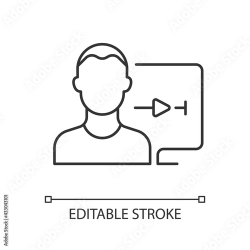 Streaming service user account linear icon. Watching video at home. Account for personal use. Thin line customizable illustration. Contour symbol. Vector isolated outline drawing. Editable stroke