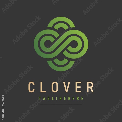 Abstract green clover logo four leaves heart shape,icon irish shamrock luck,sign ecological business company,symbol nature eco.Graphic design template.Simple clean vector logotyp isolated illustration