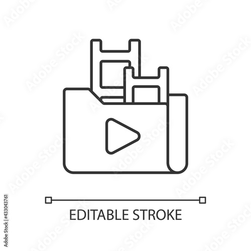 Streaming service library linear icon. Films and television shows collection. Media content. Thin line customizable illustration. Contour symbol. Vector isolated outline drawing. Editable stroke