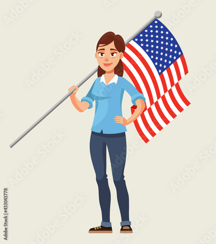 Woman holding american flag on his shoulder. Female person in cartoon style.